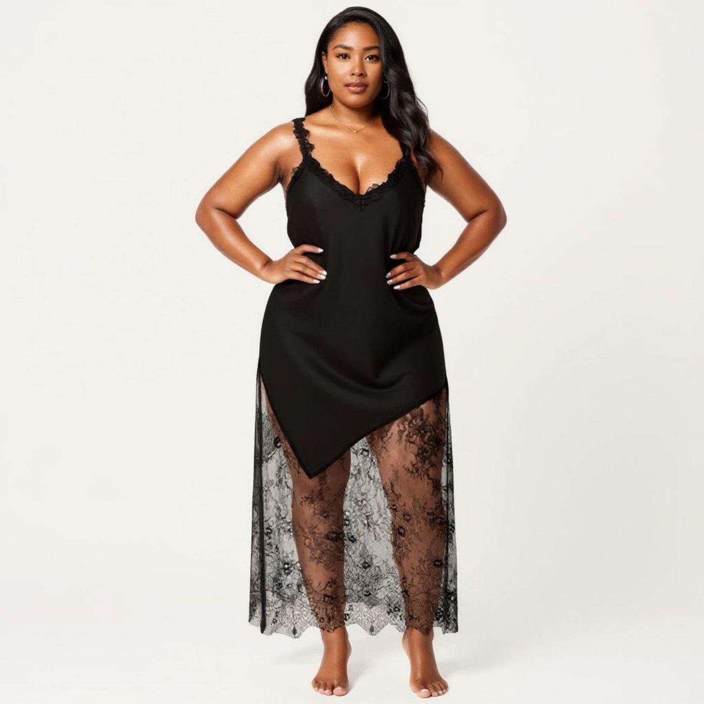 Plus Size Lace Trim Slip Dress Asymmetrical Hem Sheer Mesh Nightgown Sleepwear