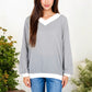 V-Neck Waffle Knit Long Sleeve Top Contrast Trim Relaxed Fit