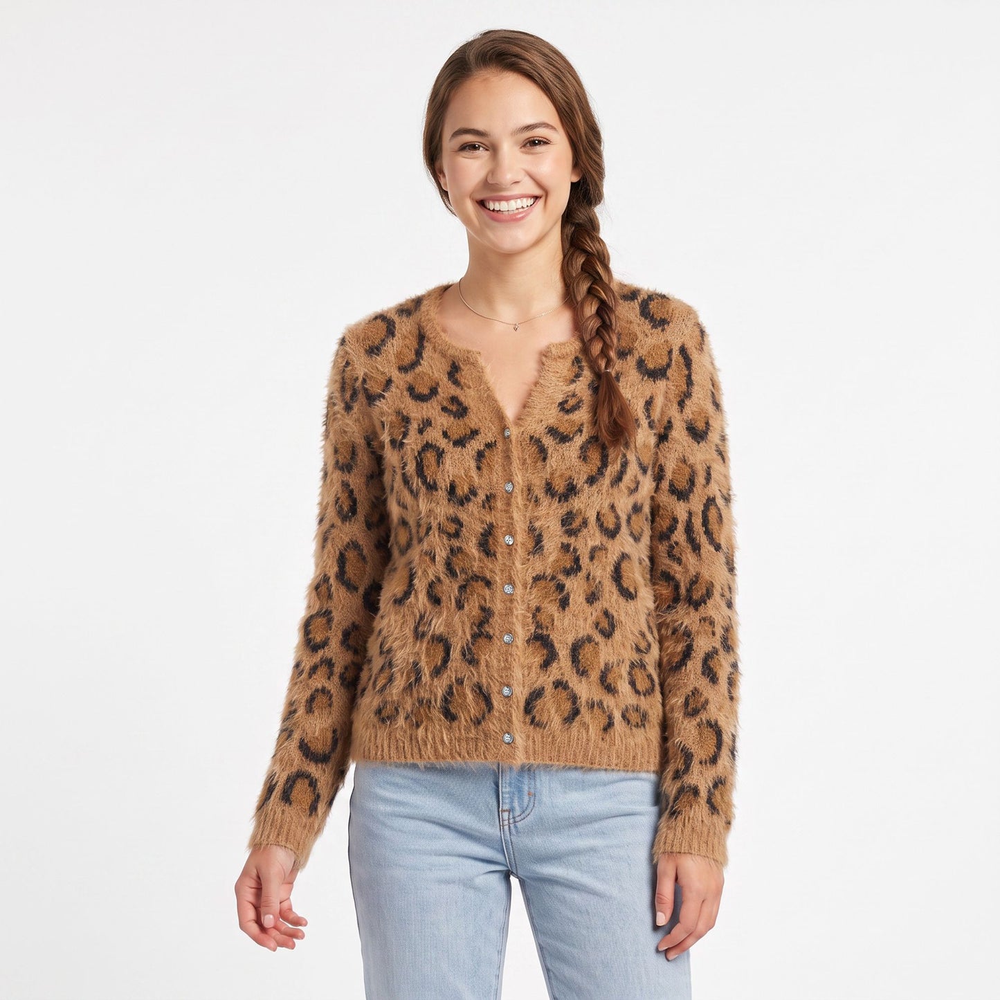Fuzzy Leopard Print Button Front Cardigan Sweater