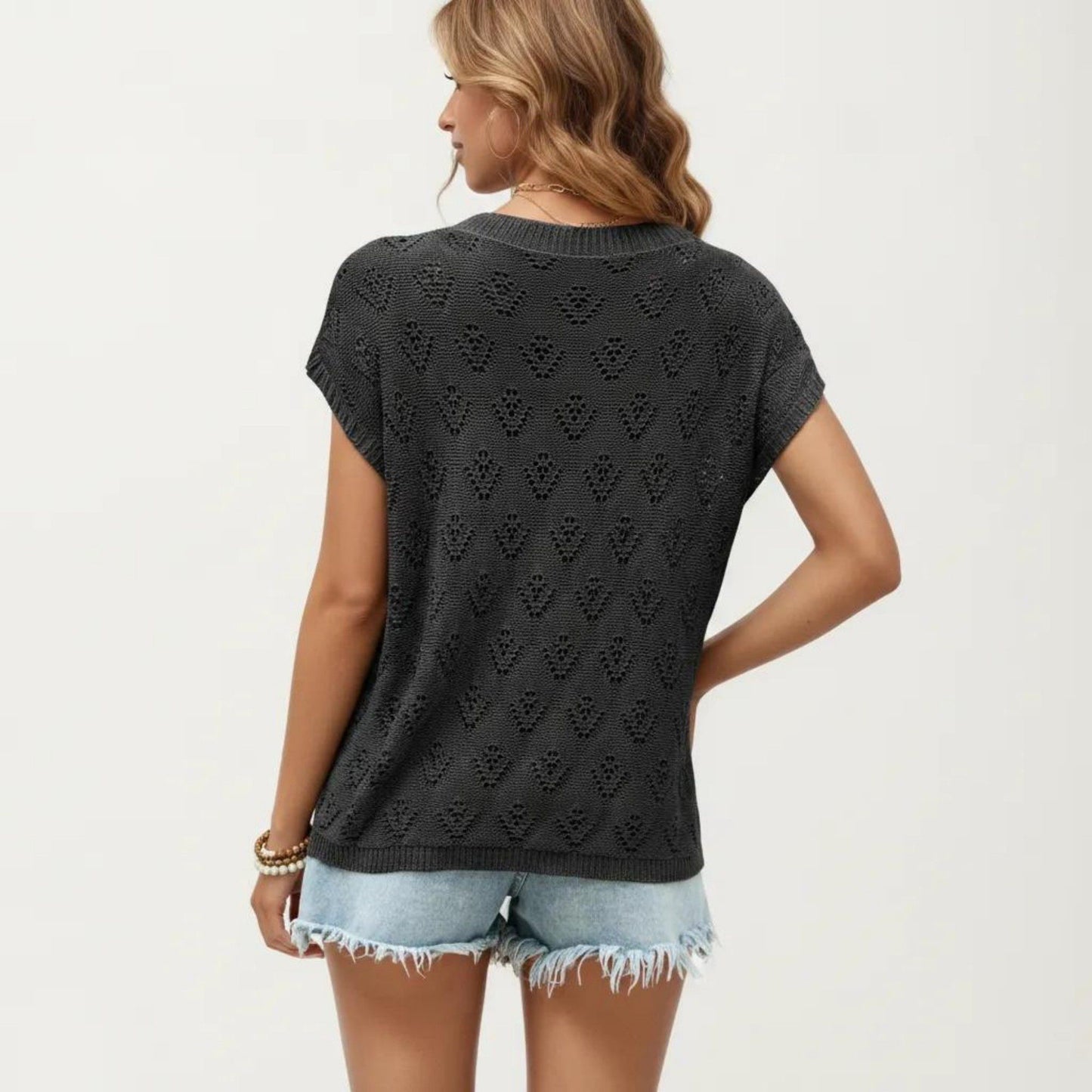 Short Sleeve Knit Top with Floral Eyelet Pattern and Ribbed Crew Neck