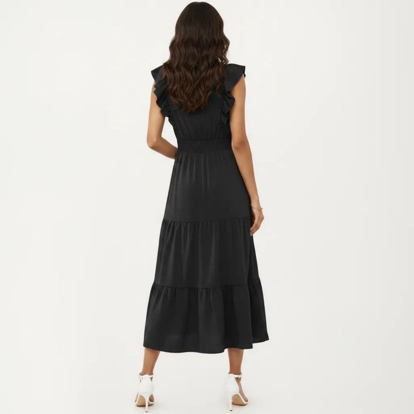 Tiered Midi Dress with Ruffle Sleeves and Smocked Waist