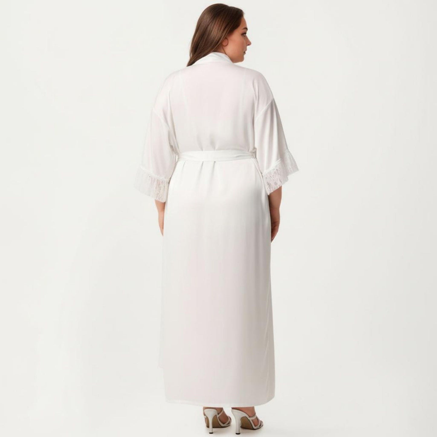 Plus Size Long Sheer Lace Panel Robe Open Front Lightweight Sleepwear