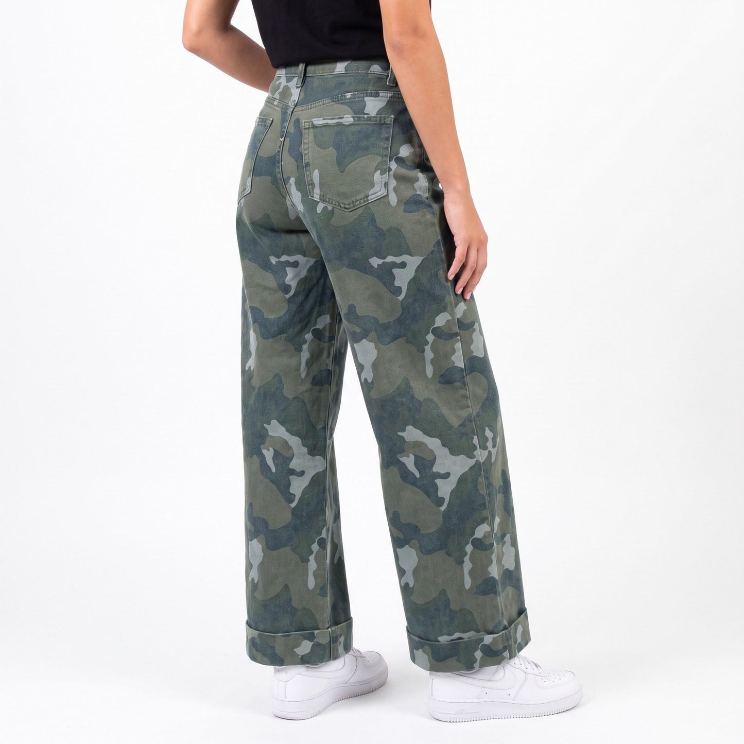 Camo Print High Rise Wide Leg Jeans Cuffed Hem Casual Denim Pants