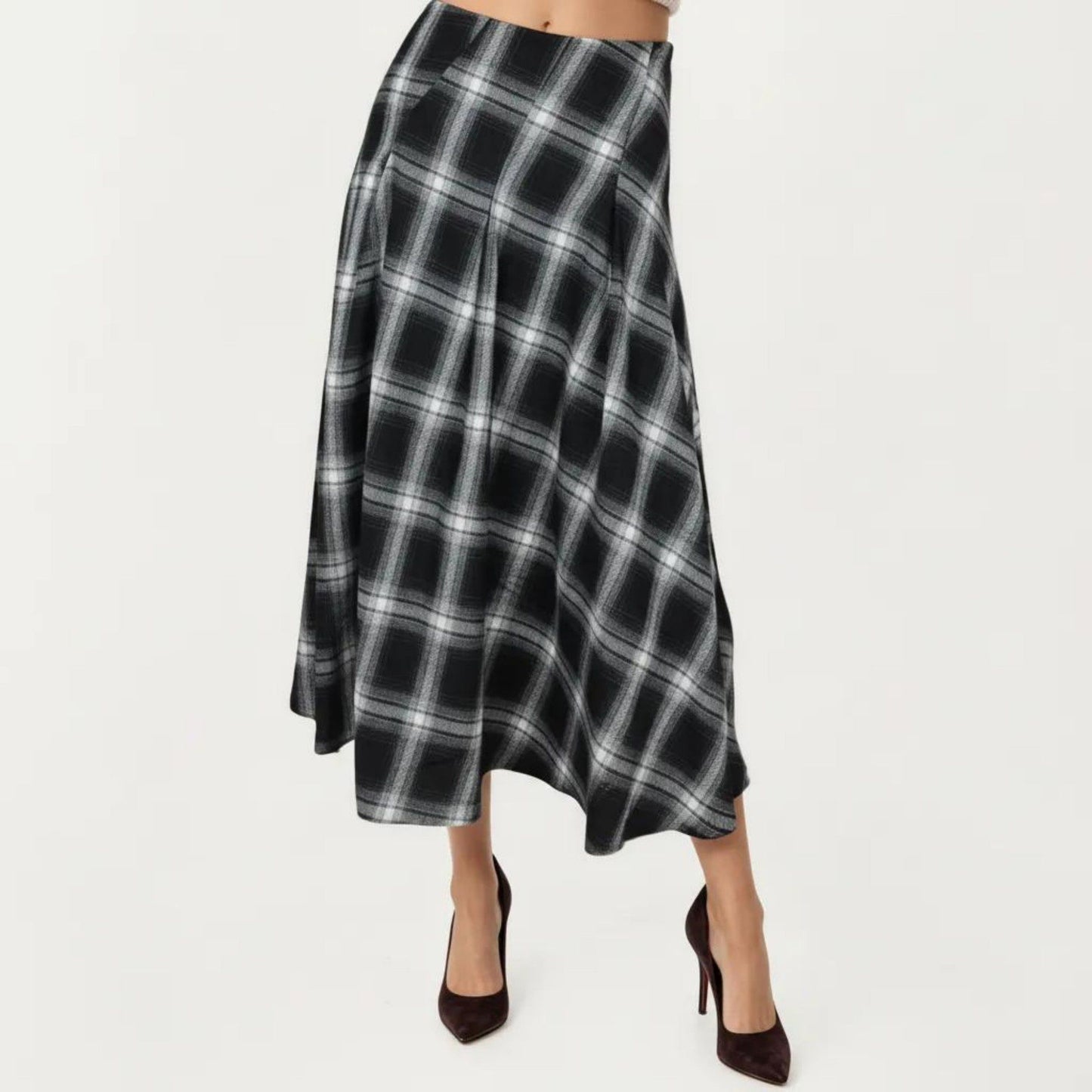 Plaid Midi Skirt with A-Line Silhouette Flowy Hem High Waist Design Classic Check Pattern Skirt