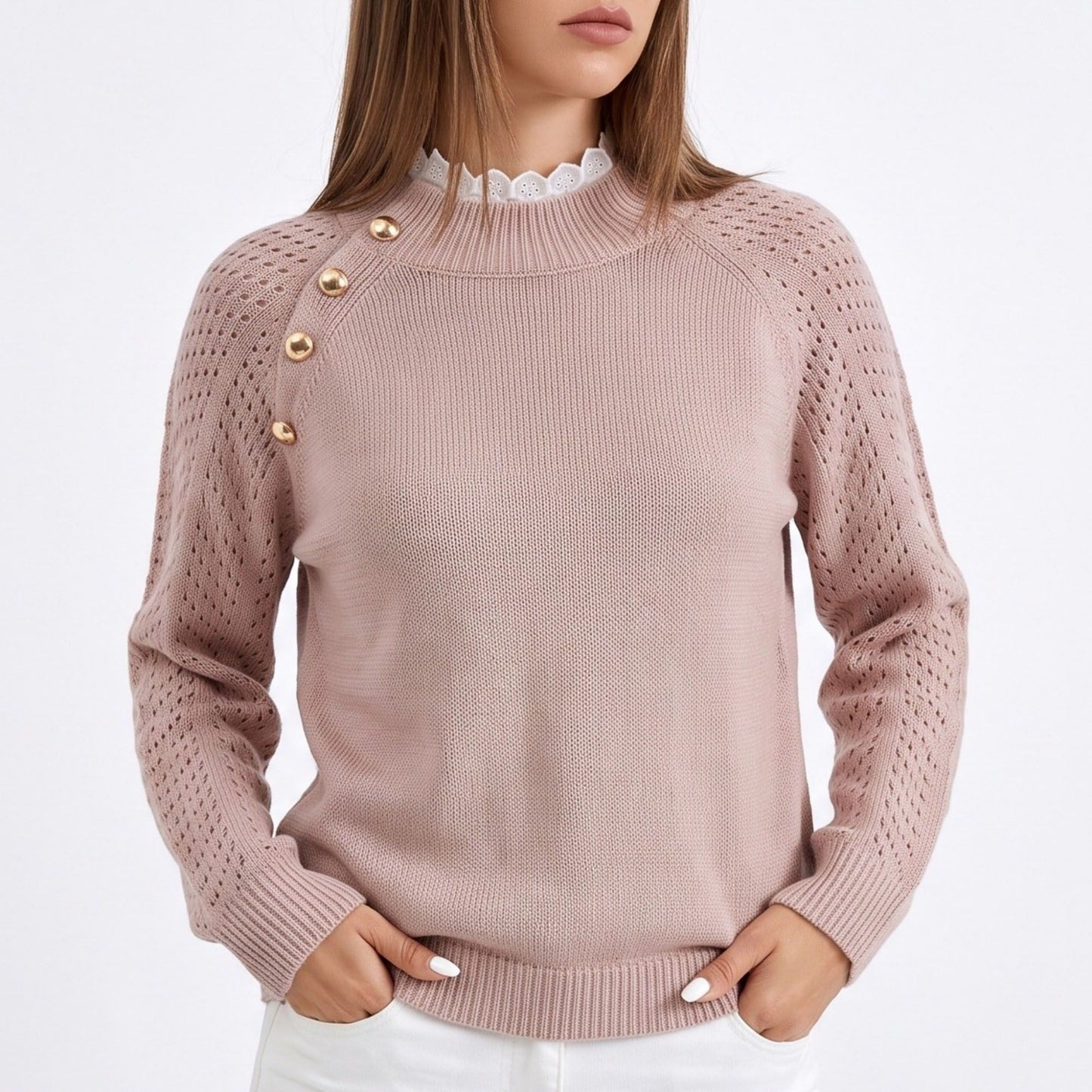 Pointelle Sleeve Mock Neck Sweater with Shoulder Buttons