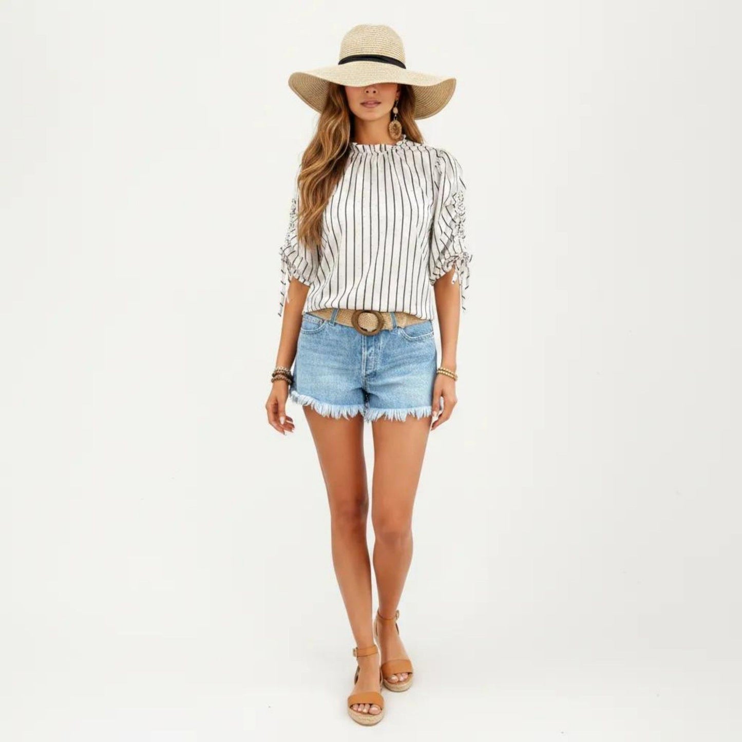 Striped Short Sleeve Blouse with Ruffle Trim High Neck and Ruched Tie Sleeves