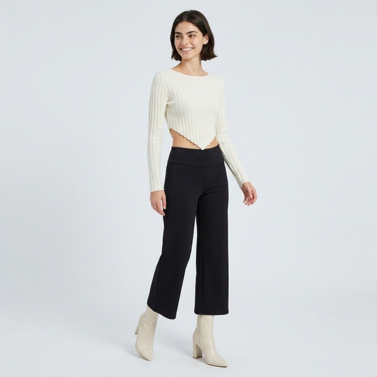Foldover Waistband Cropped Wide-Leg Trousers