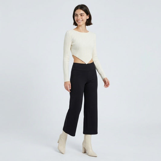 Foldover Waistband Cropped Wide-Leg Trousers