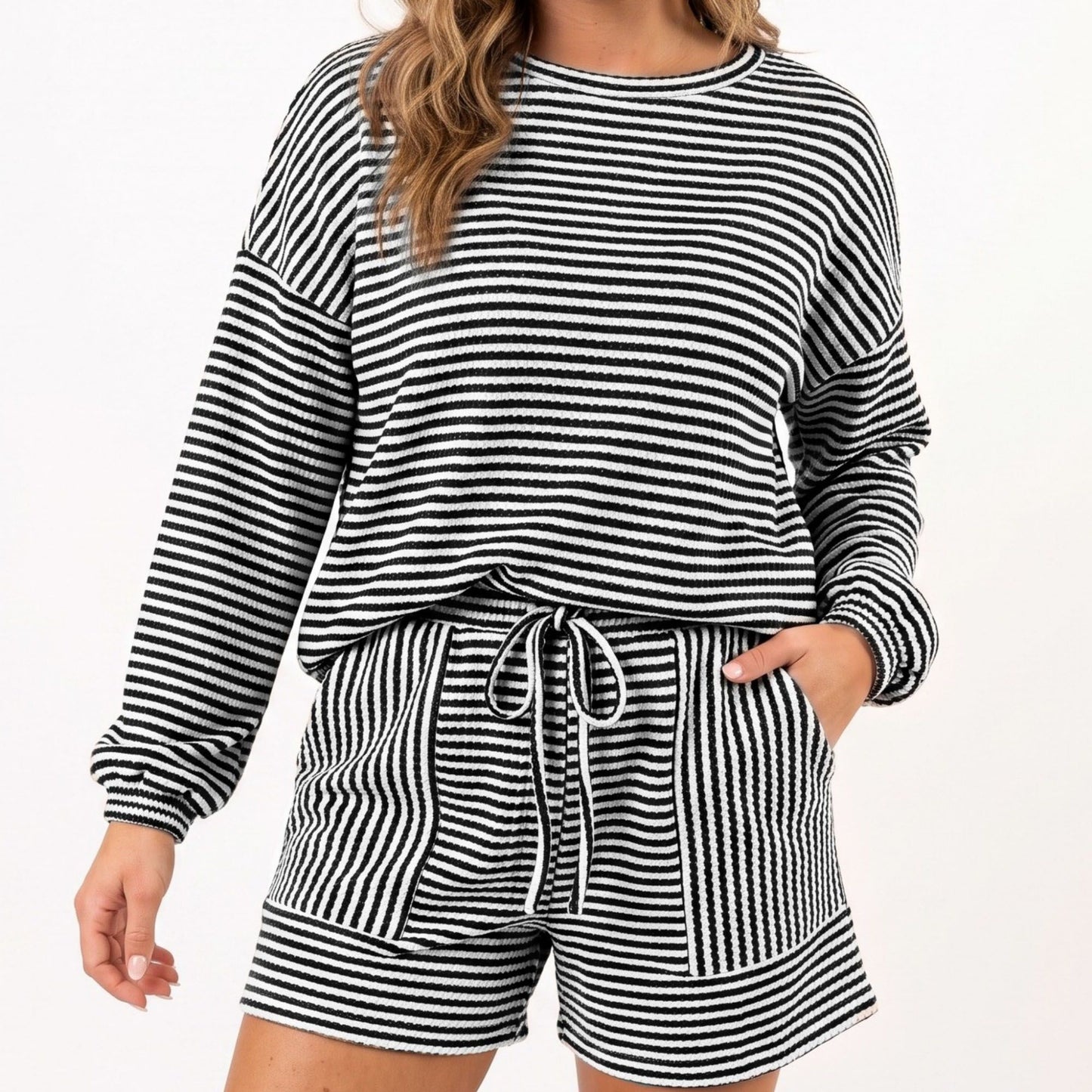 Striped 2 Piece Lounge Set with Long Sleeve Top and Drawstring Shorts