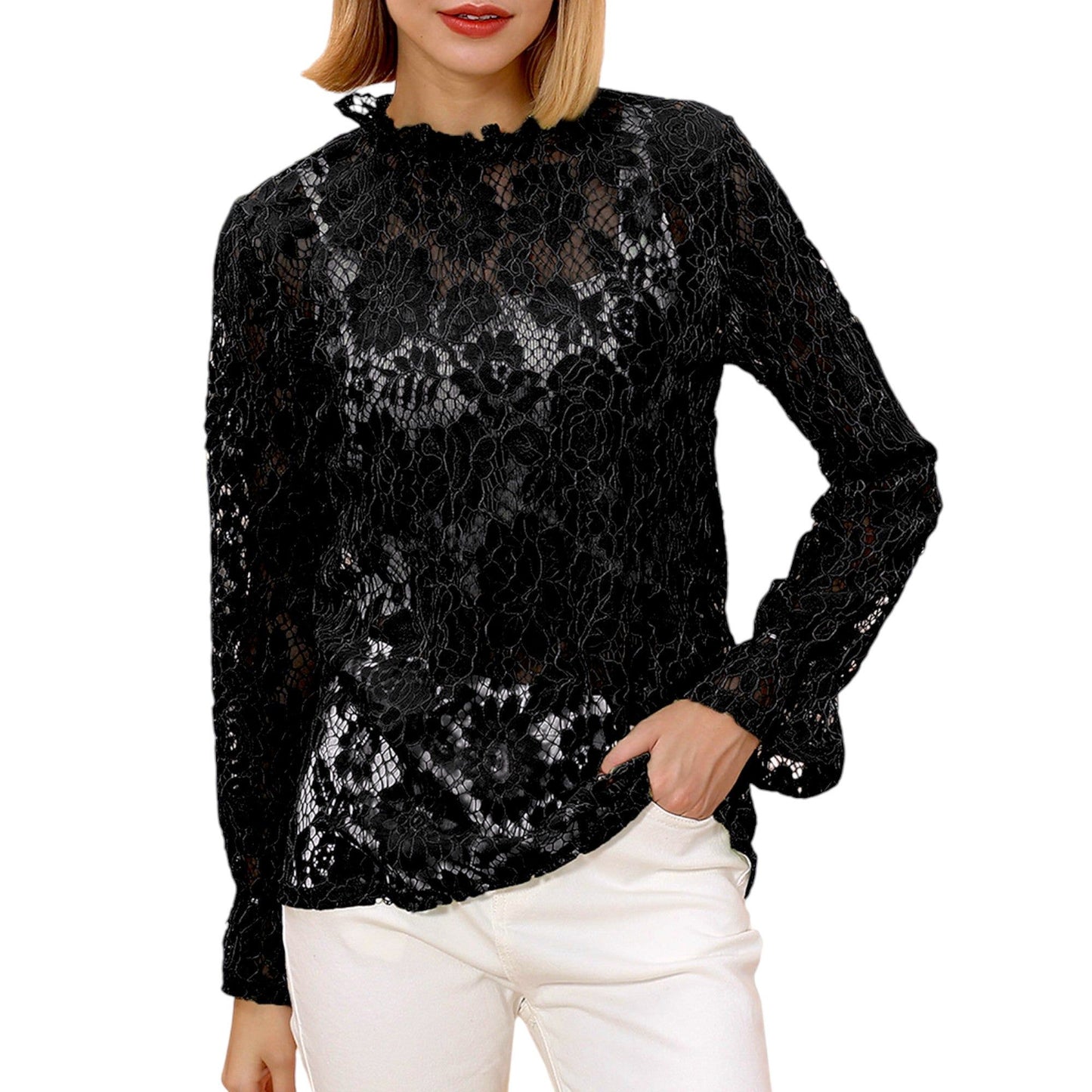 Layering Lace Puffed Sleeve Sheer Top