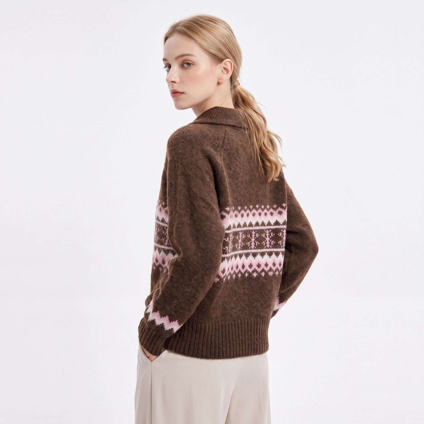 Fair Isle Collared Henley Pullover Sweater