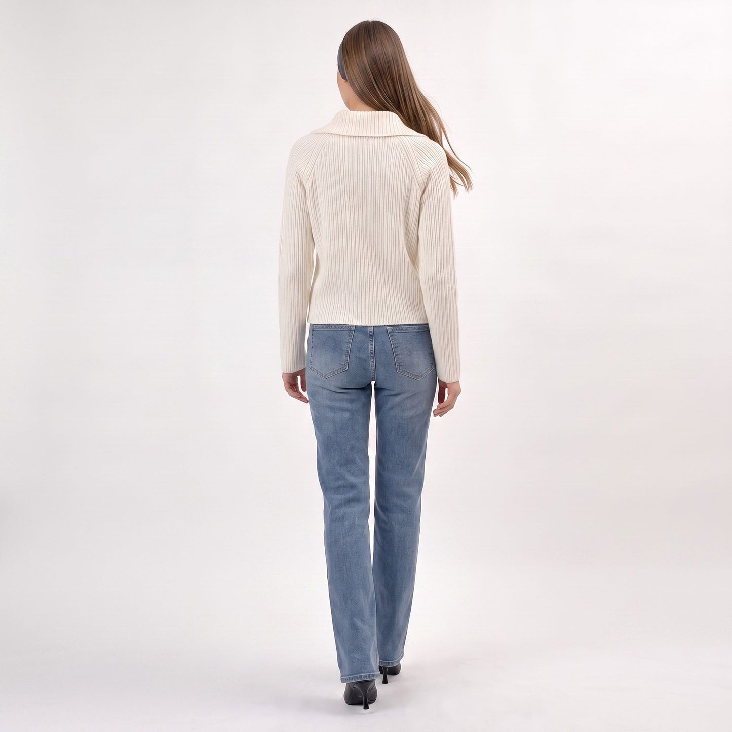 Ribbed Wide Collar Zip-Front Cardigan Sweater