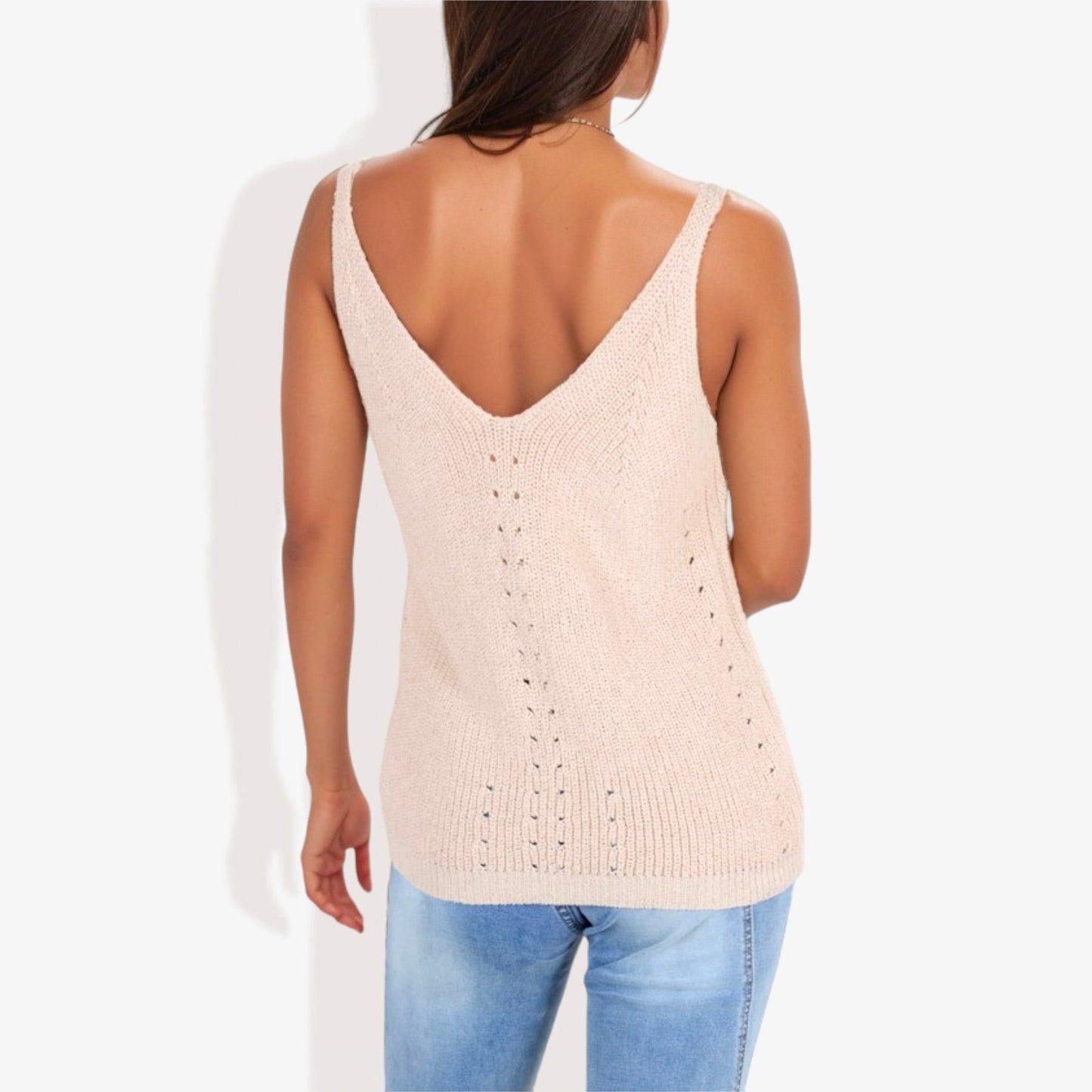 V-Neck Knit Tank Top With Eyelet Detail