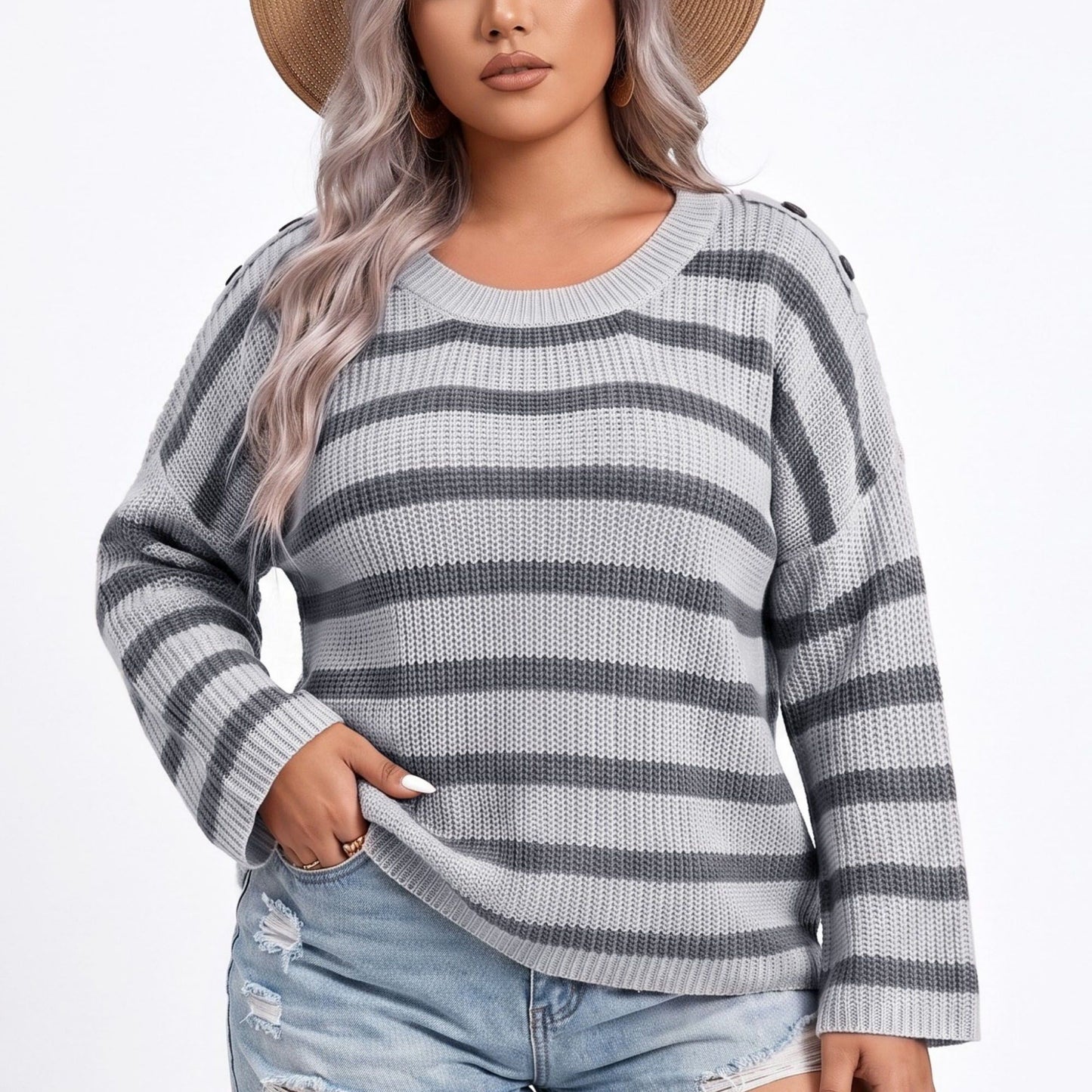Plus Size Striped Crewneck Button Shoulder Sweater