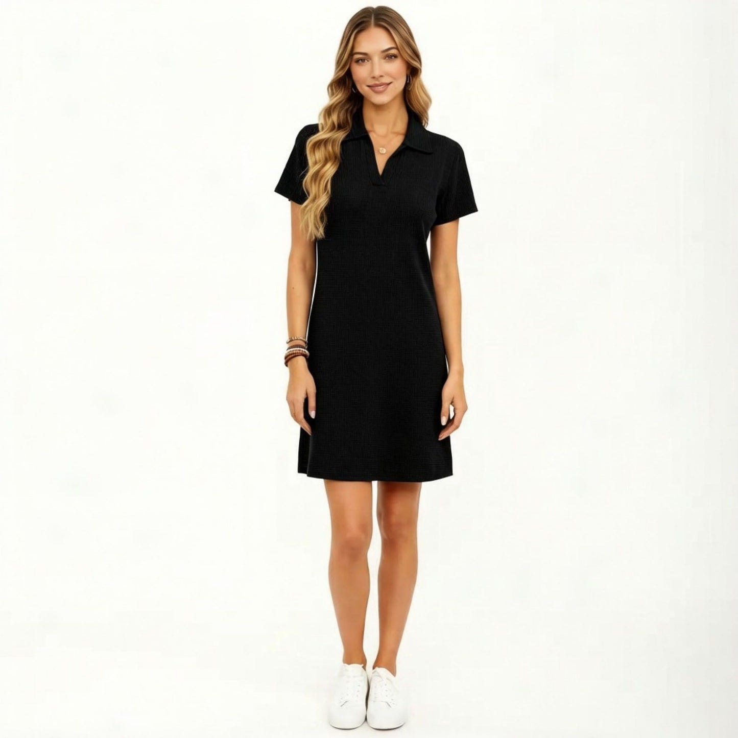 Short Sleeve Collared Mini Dress with Split V Neck Textured Knit Relaxed Fit Casual Dress