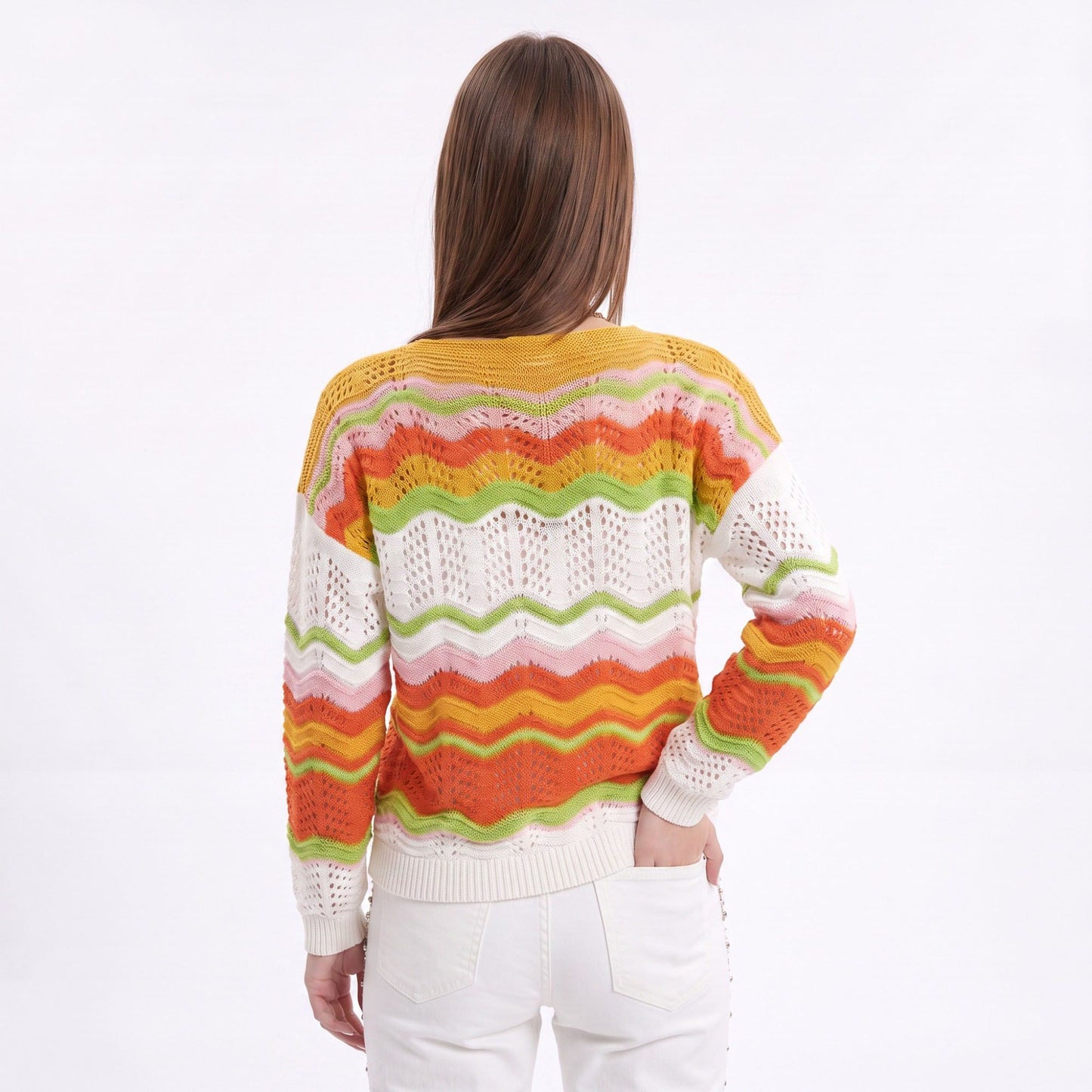 Multicolor Wave Stripe Openwork Knit Long Sleeve Pullover Sweater