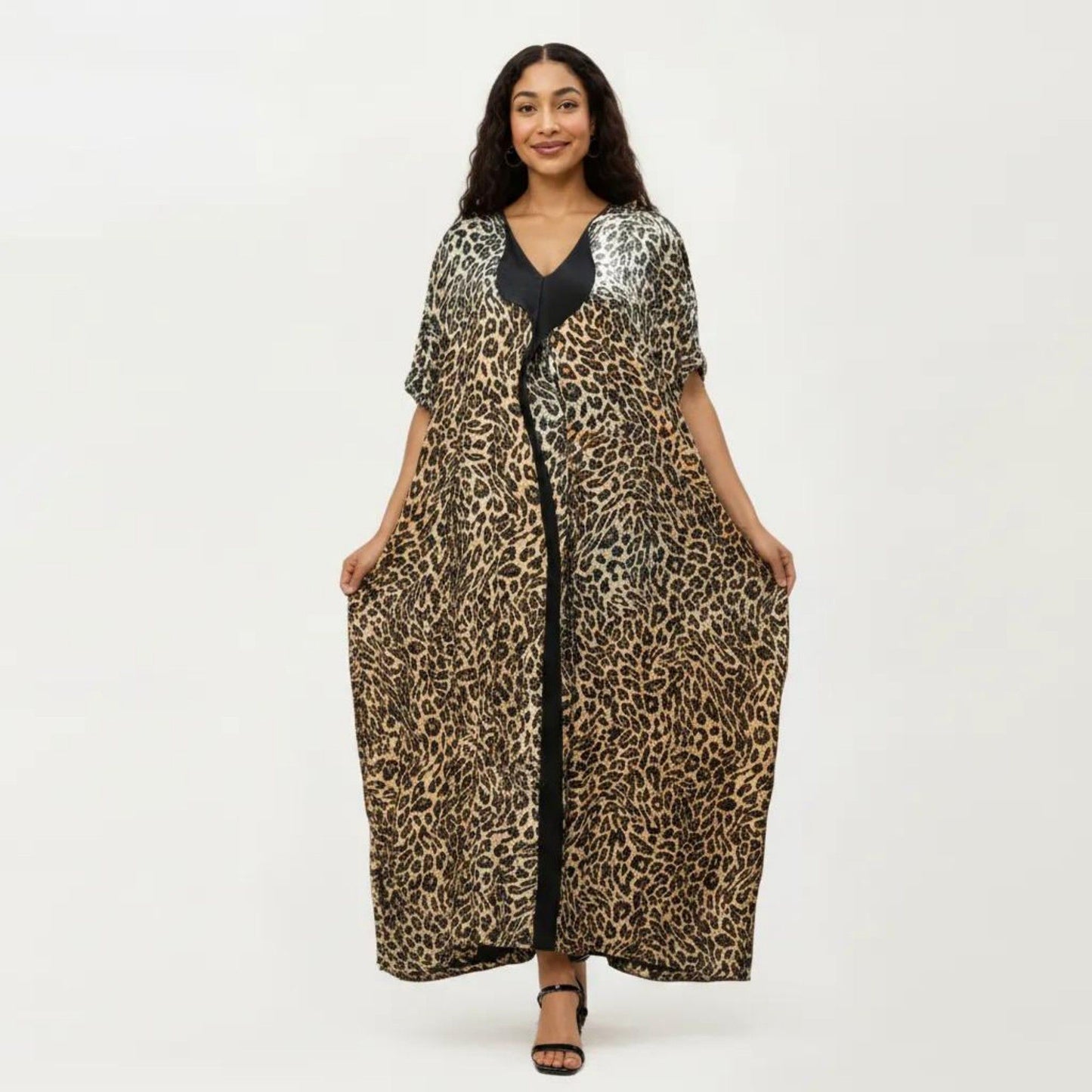 Abstract Print Maxi Kaftan Dress with Contrast Trim and Relaxed Flowy Silhouette