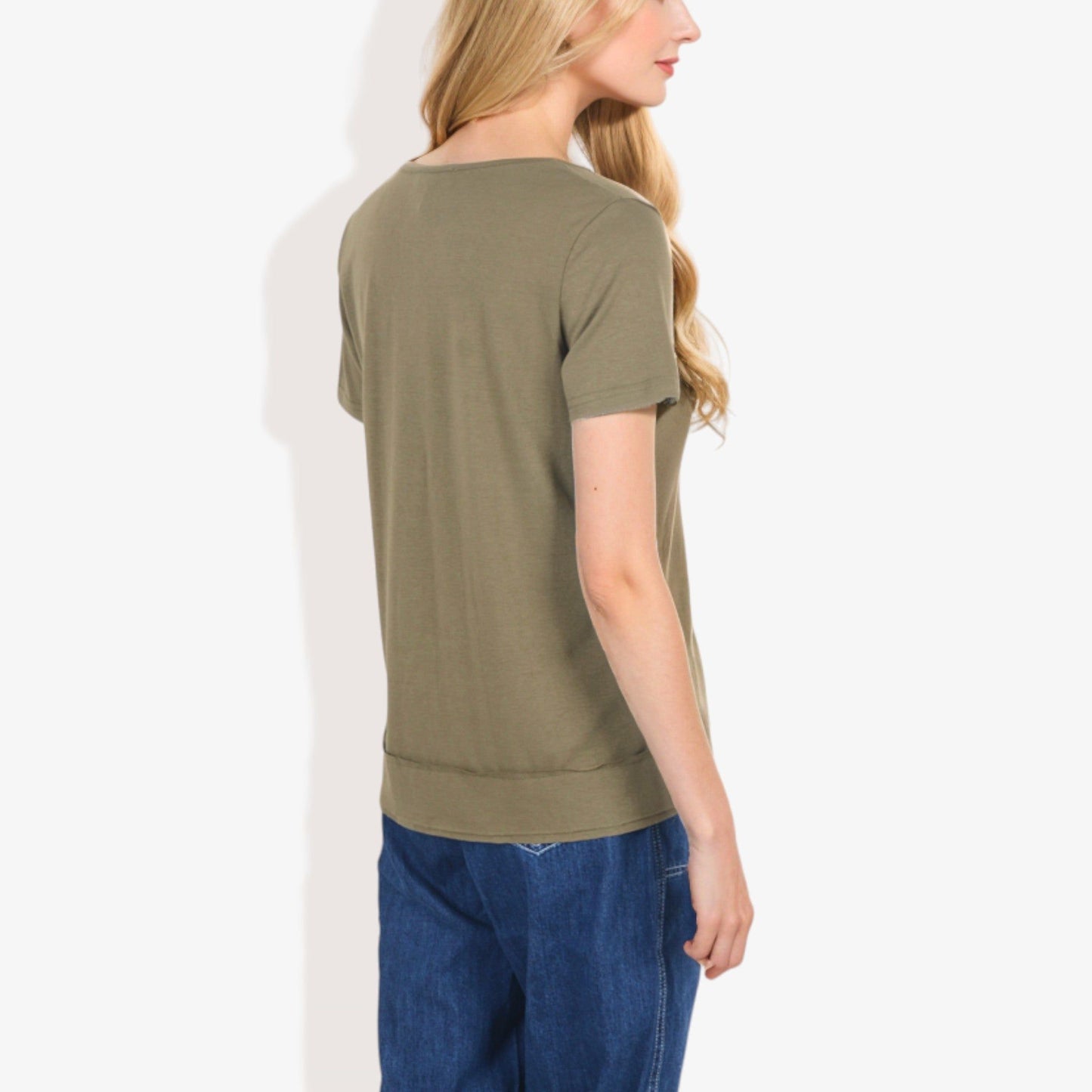 Solid Round Neck Short Sleeve Top with Decorative Buttons