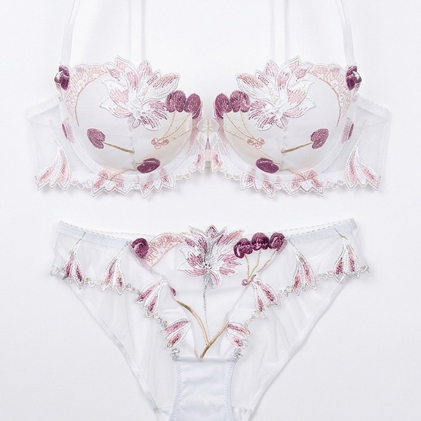Floral Embroidered Sheer Mesh Underwire Bra and Panty Two Piece Lingerie Set