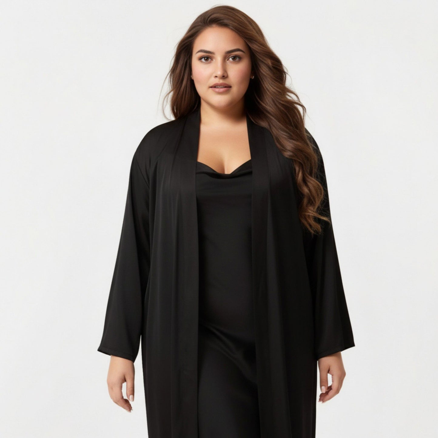 Plus Size 2-Piece Satin Nightgown Set with Long Sleeve Open Front Robe Sleeveless Slip Dress Sleepwear