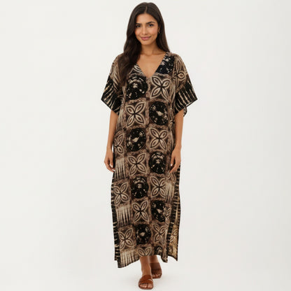 Geometric Print Maxi Caftan Dress with V-Neckline Relaxed Fit and Draped Silhouette