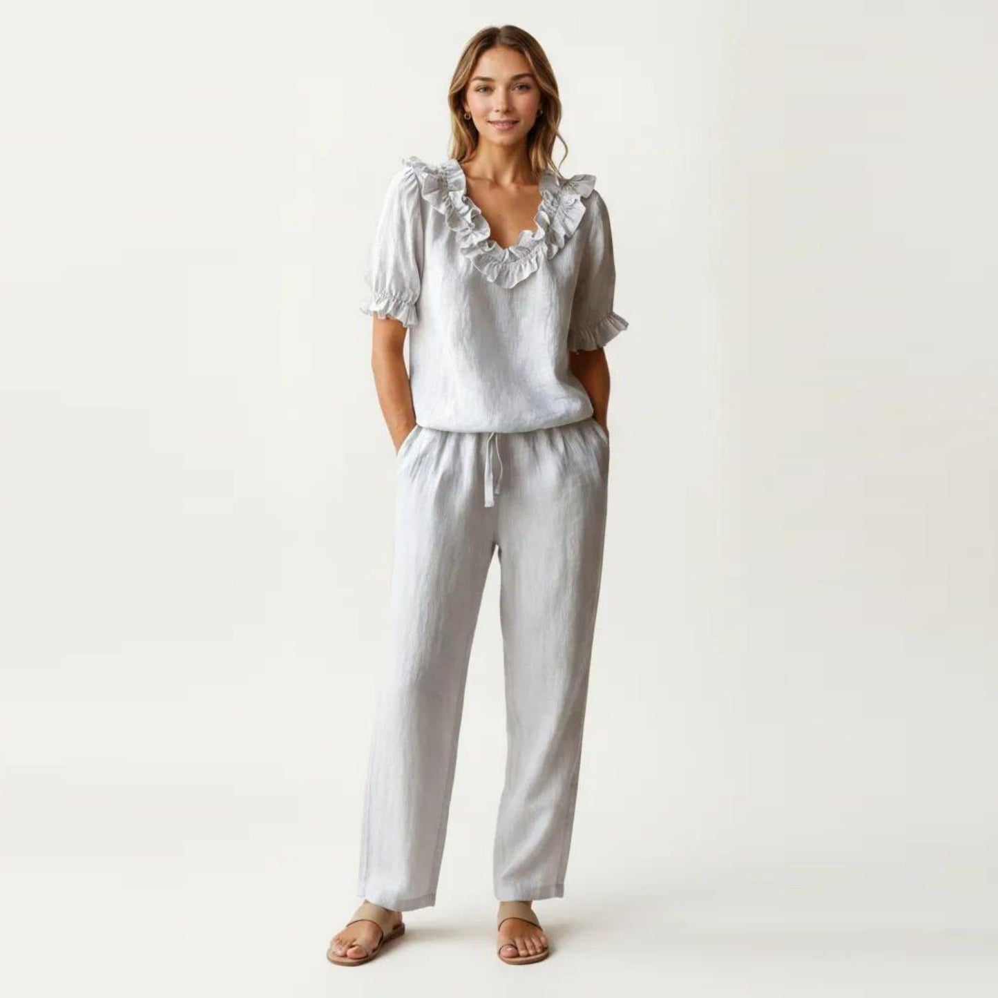 Ruffle Neck Blouse with Short Puff Sleeves and Textured Linen-Like Fabric
