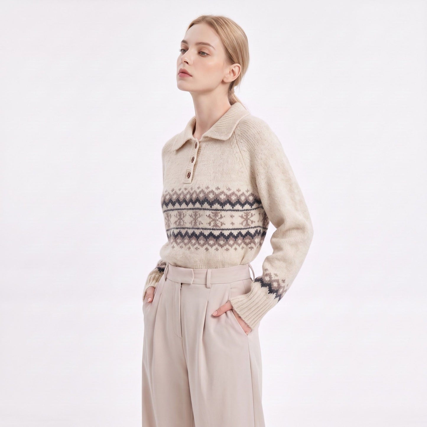 Fair Isle Collared Henley Pullover Sweater