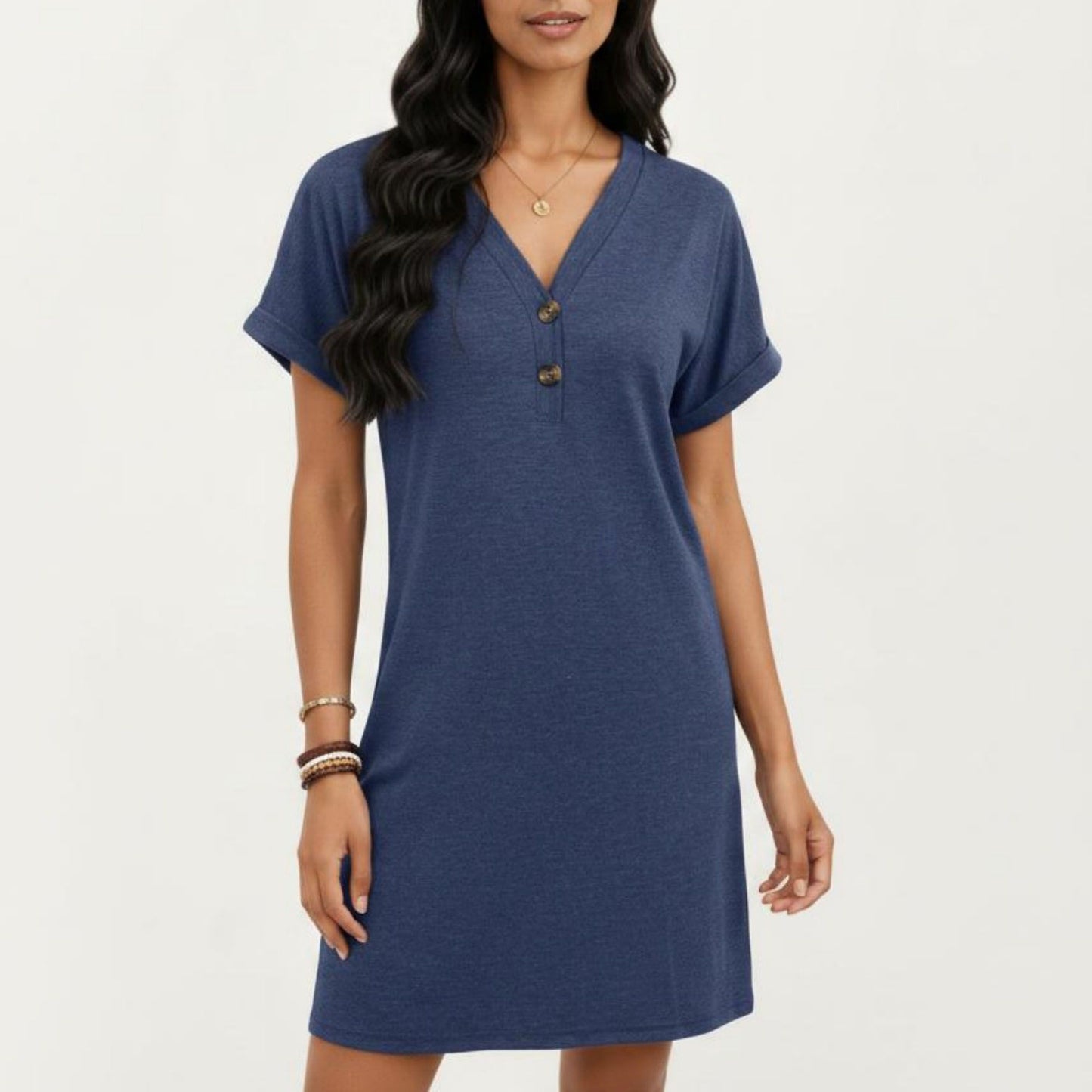 Short Sleeve V Neck Shift Dress with Button Detail Relaxed Fit Casual Tunic Dress