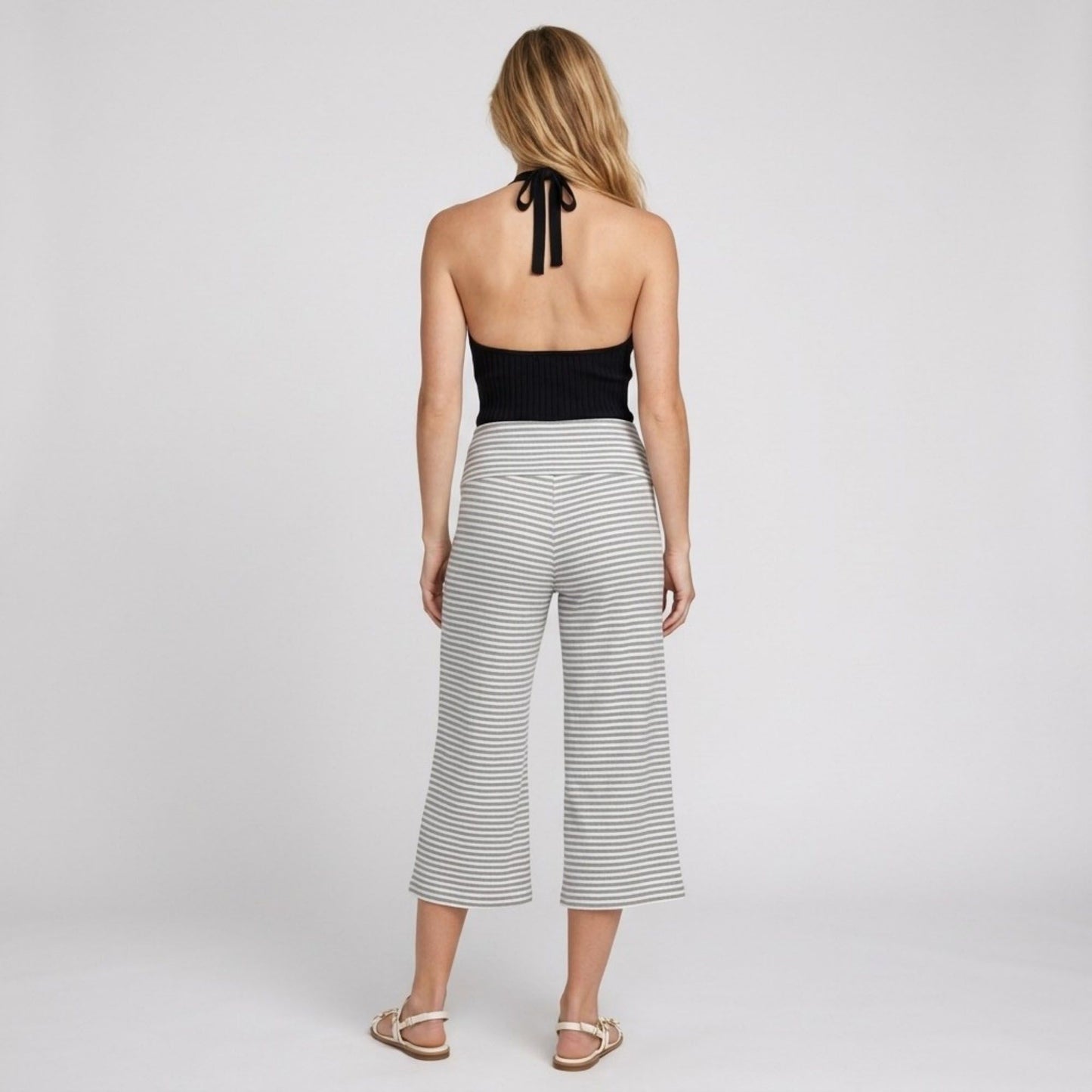 Foldover Waistband Striped Cropped Wide-Leg Trousers