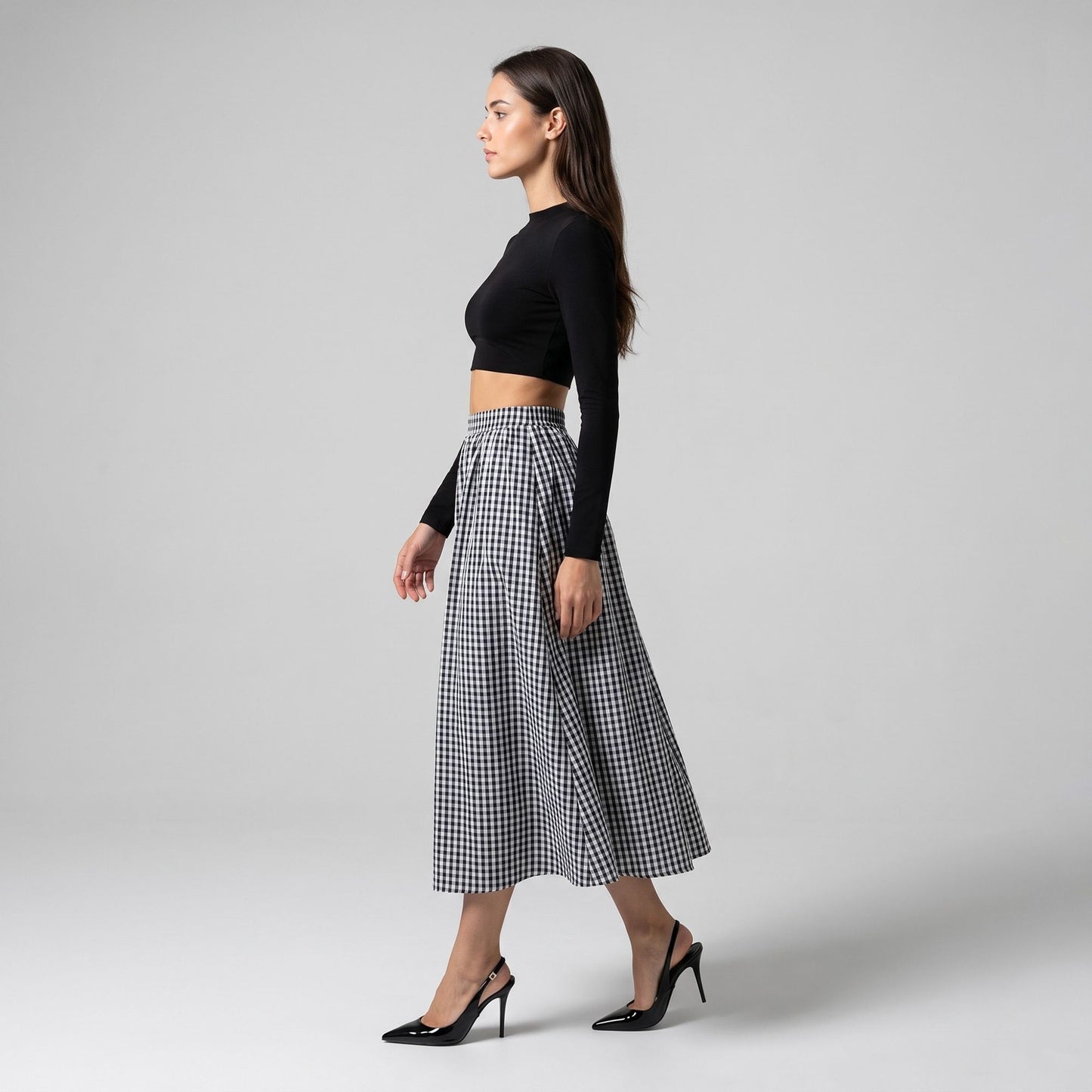 Gingham Midi Skirt with Smocked Waistband, Gathered A-Line Shape and Side Pockets