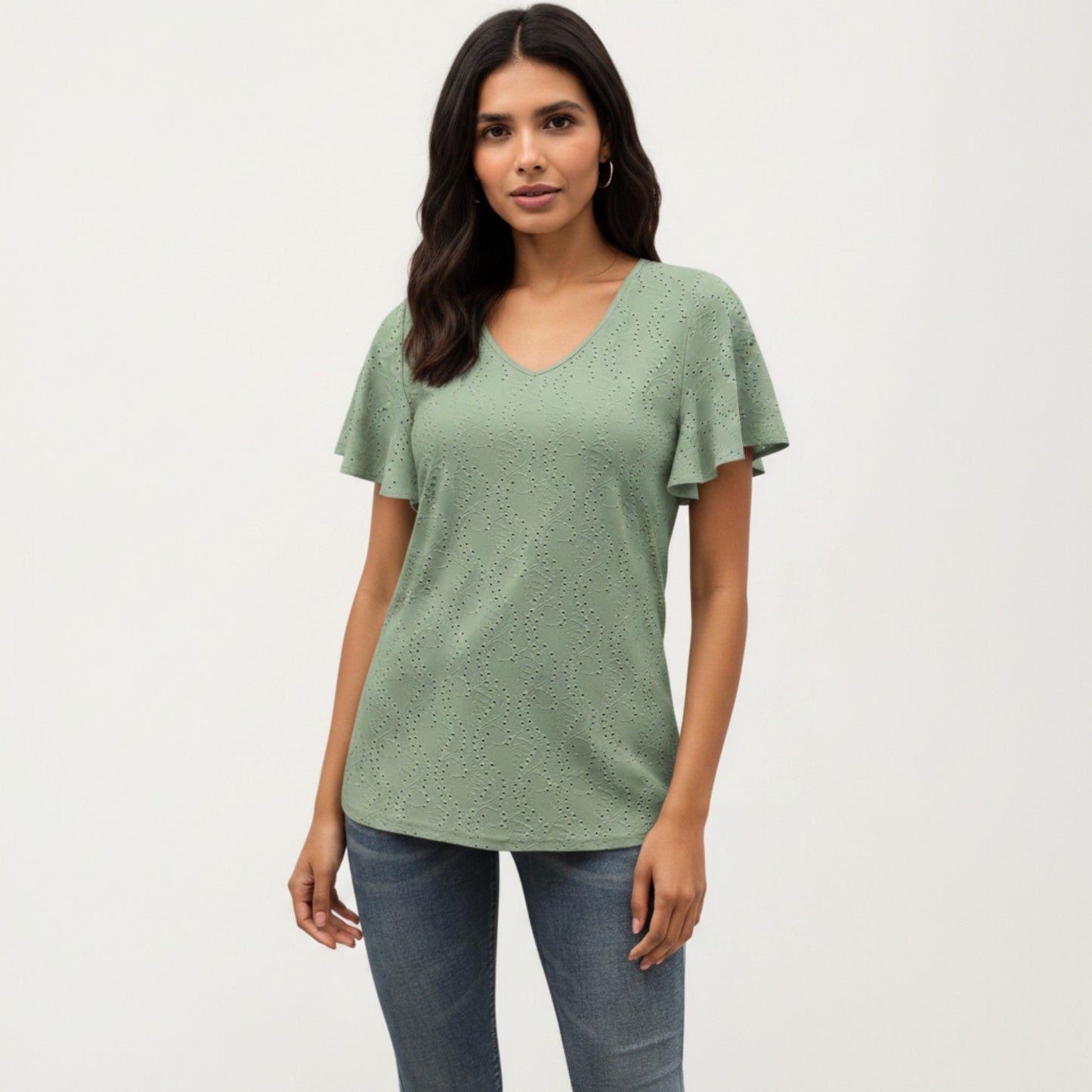Short Sleeve Eyelet V-Neck Top with Floral Embroidery and Flutter Sleeves