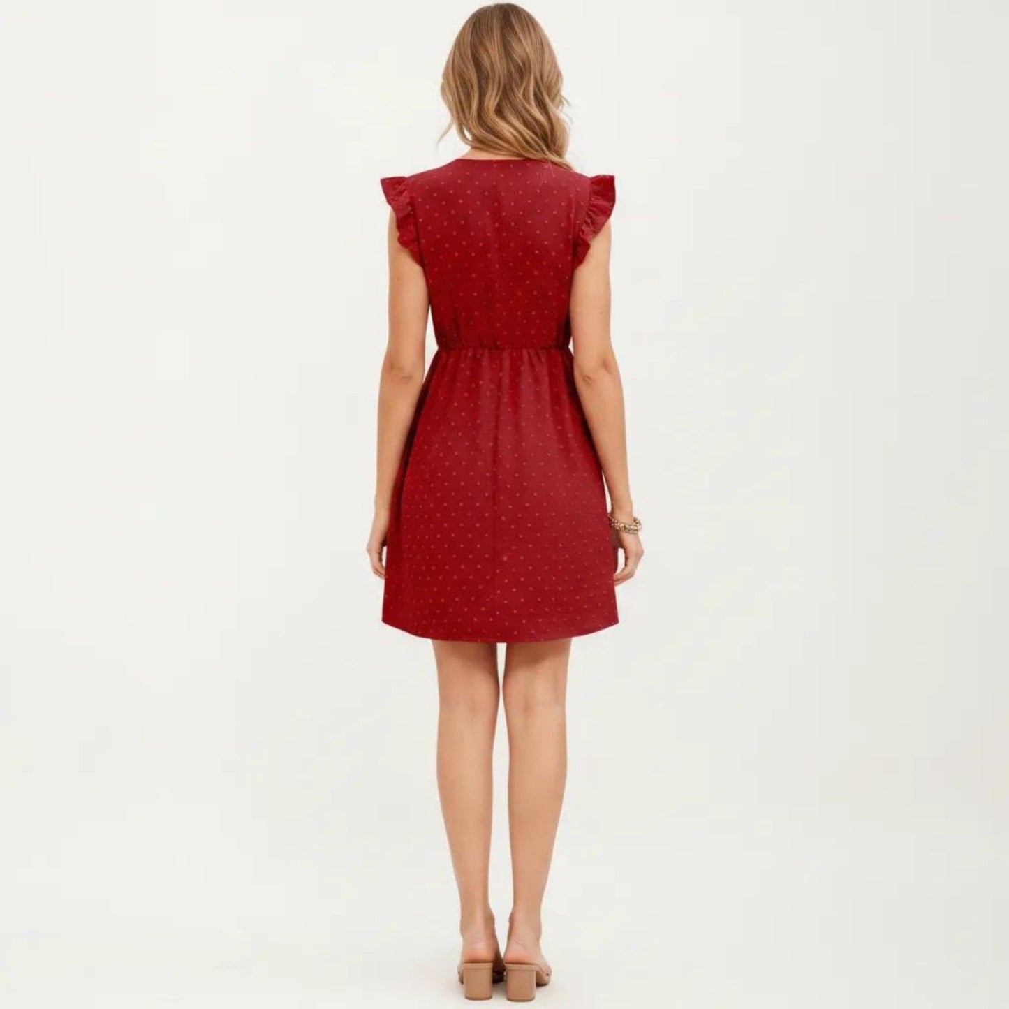 Swiss Dot Babydoll Dress with Ruffle Sleeves and V-Neckline