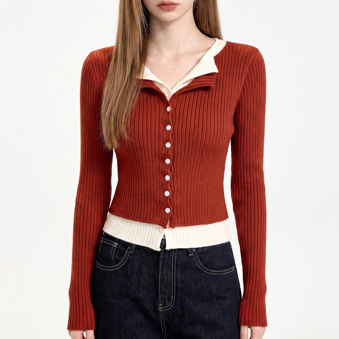 Layered Collar Ribbed Button-Front Cardigan Sweater
