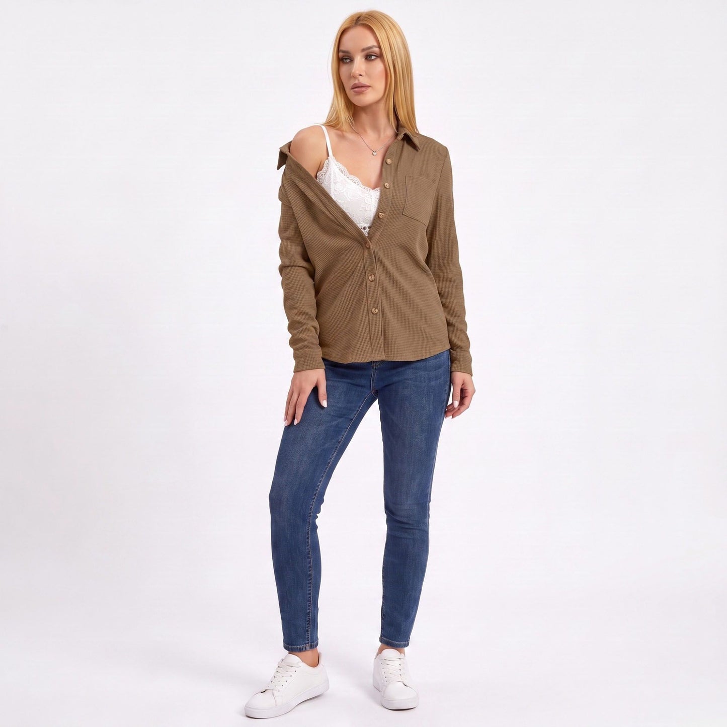 Textured Button Front Long Sleeve Shirt with Chest Pocket