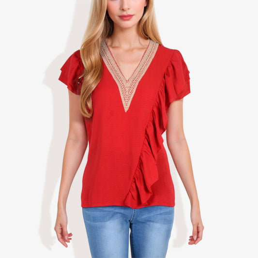 V-Neck Ruffle Sleeve Top with Lace Trim