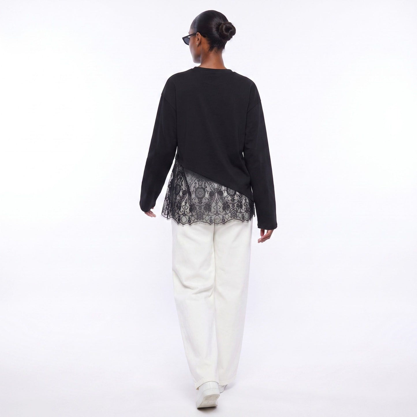 Asymmetrical Lace Hem Long Sleeve Top