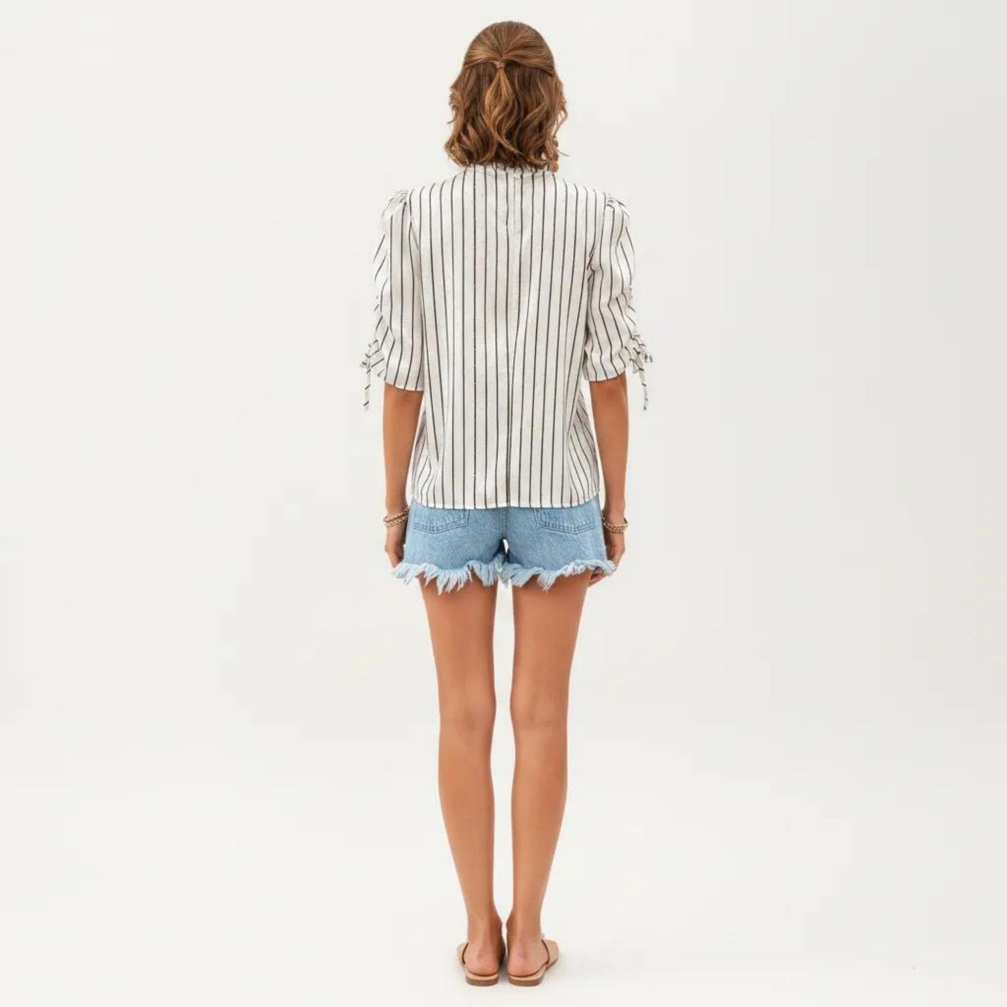 Striped Short Sleeve Blouse with Ruffle Trim High Neck and Ruched Tie Sleeves
