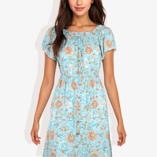 Open Neck Short Sleeve Dress with Gathered Waist