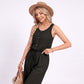 Sleeveless Button Front Jumpsuit with Crochet Lace Back