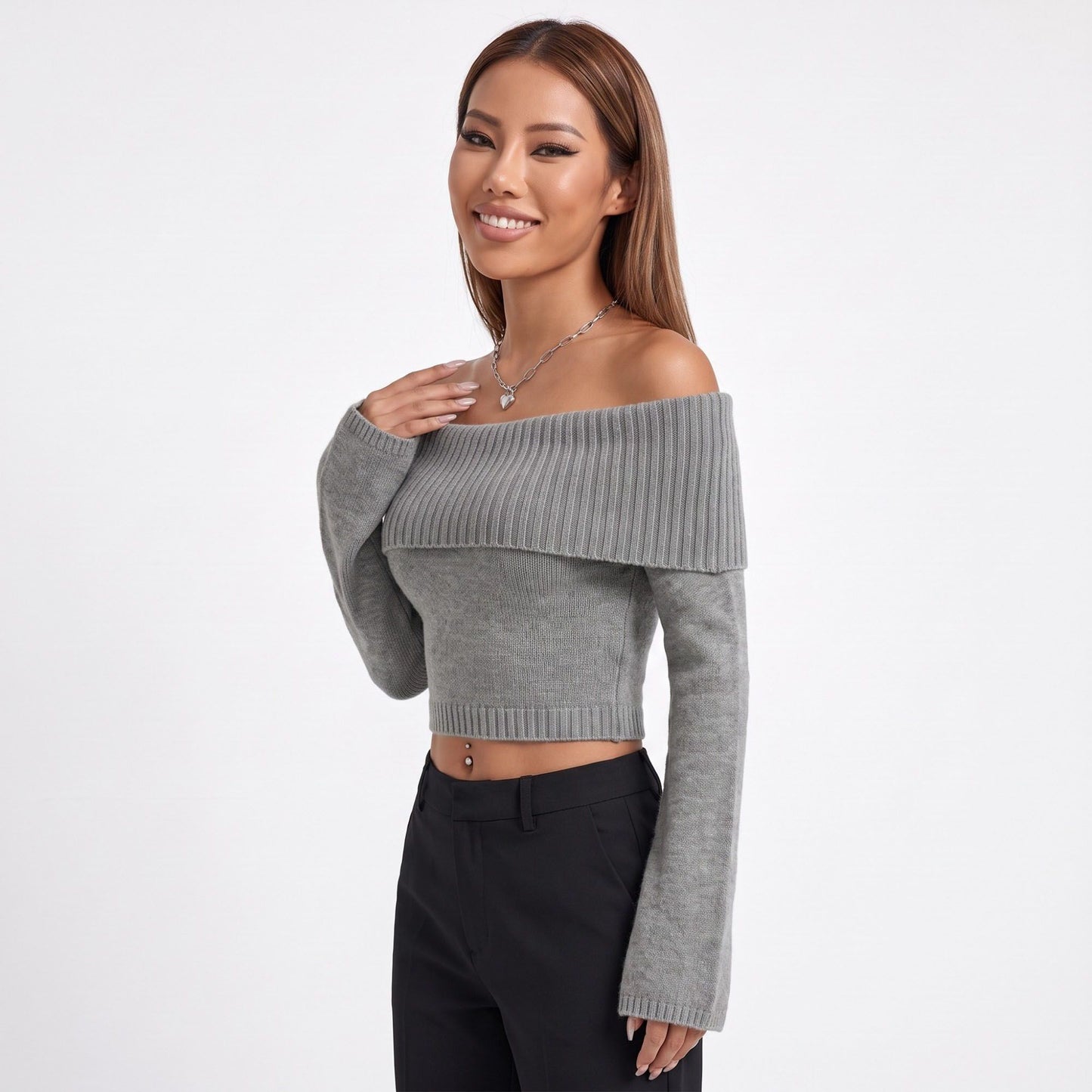 Off Shoulder Foldover Cropped Knit Sweater