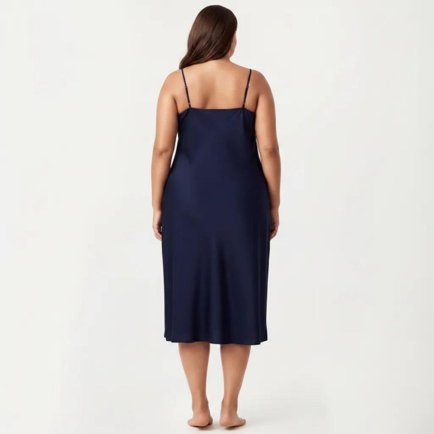 Plus Size Satin Slip Nightgown with Adjustable Spaghetti Straps Midi Length Relaxed Fit Sleepwear Dress