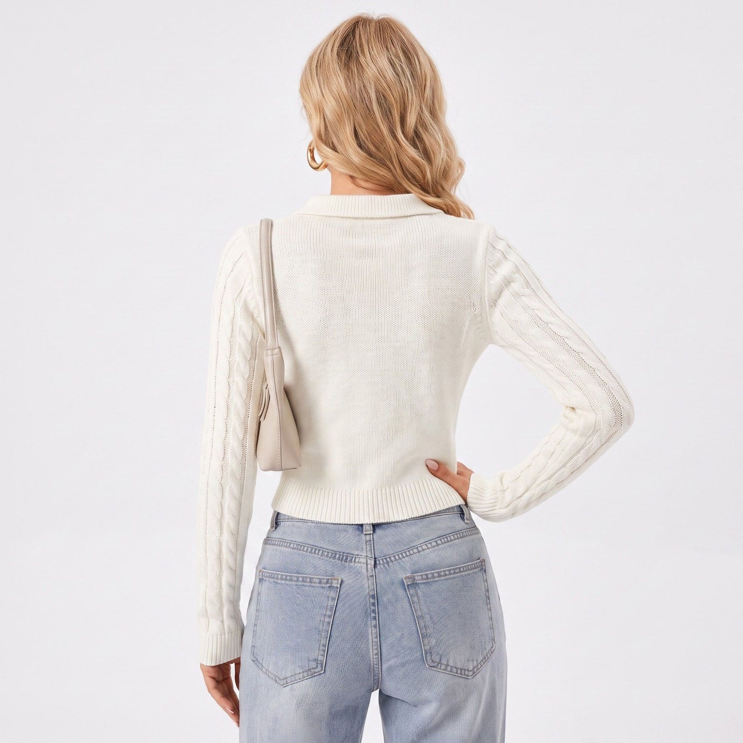 Cable Knit Polo Sweater Long Sleeve Cropped Collared Pullover Bow Detail