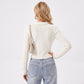 Cable Knit Polo Sweater Long Sleeve Cropped Collared Pullover Bow Detail