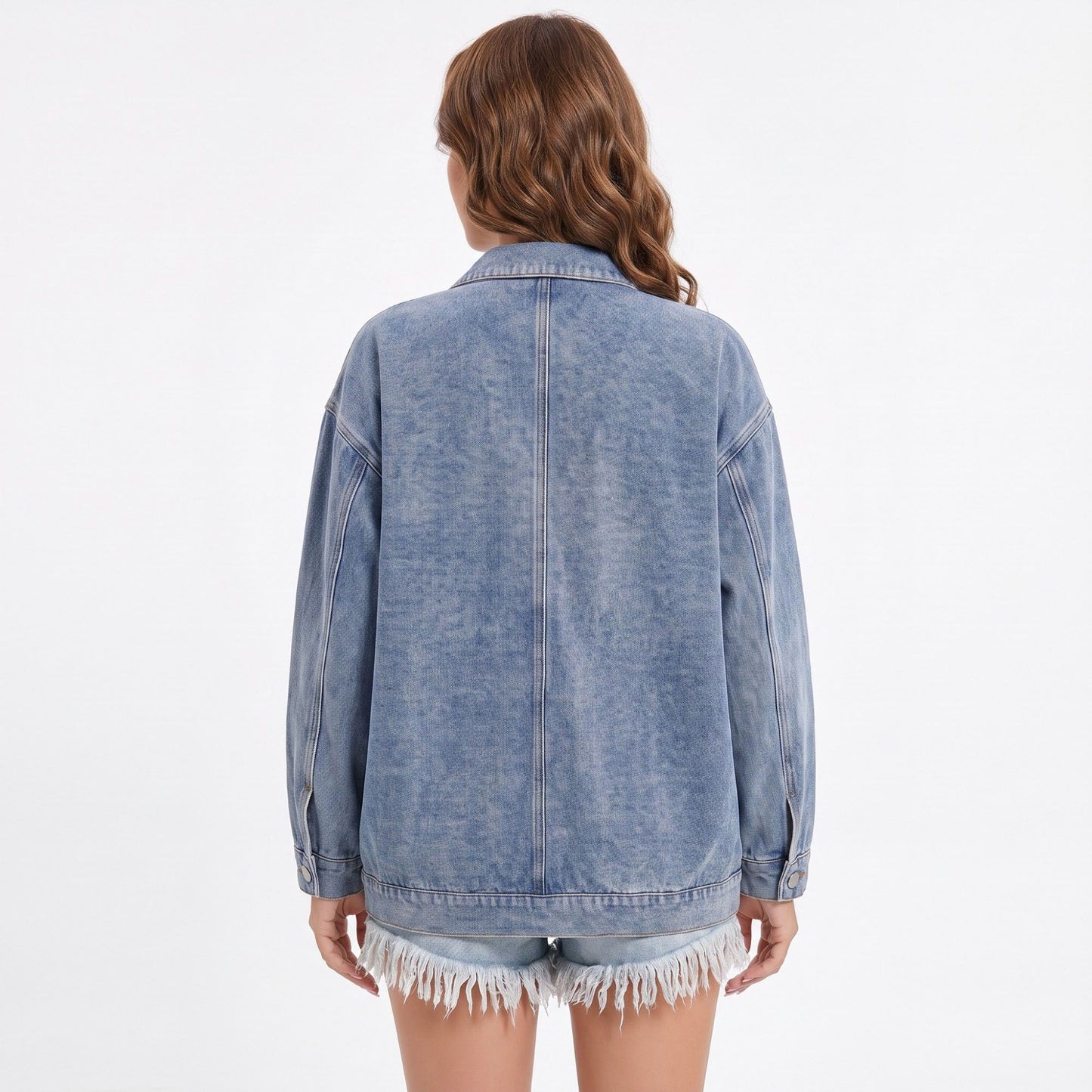Oversized Denim Jacket Button Front Long Sleeve Jean Jacket With Patch Pockets