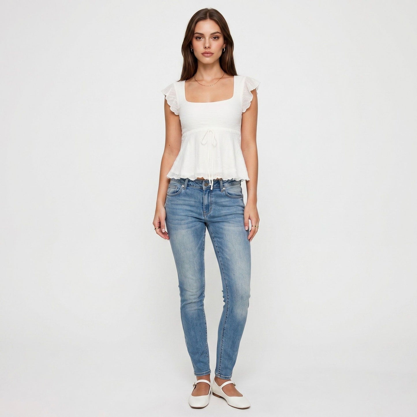 Square Neck Peplum Top with Ruffle Sleeves and Front Tie Detail