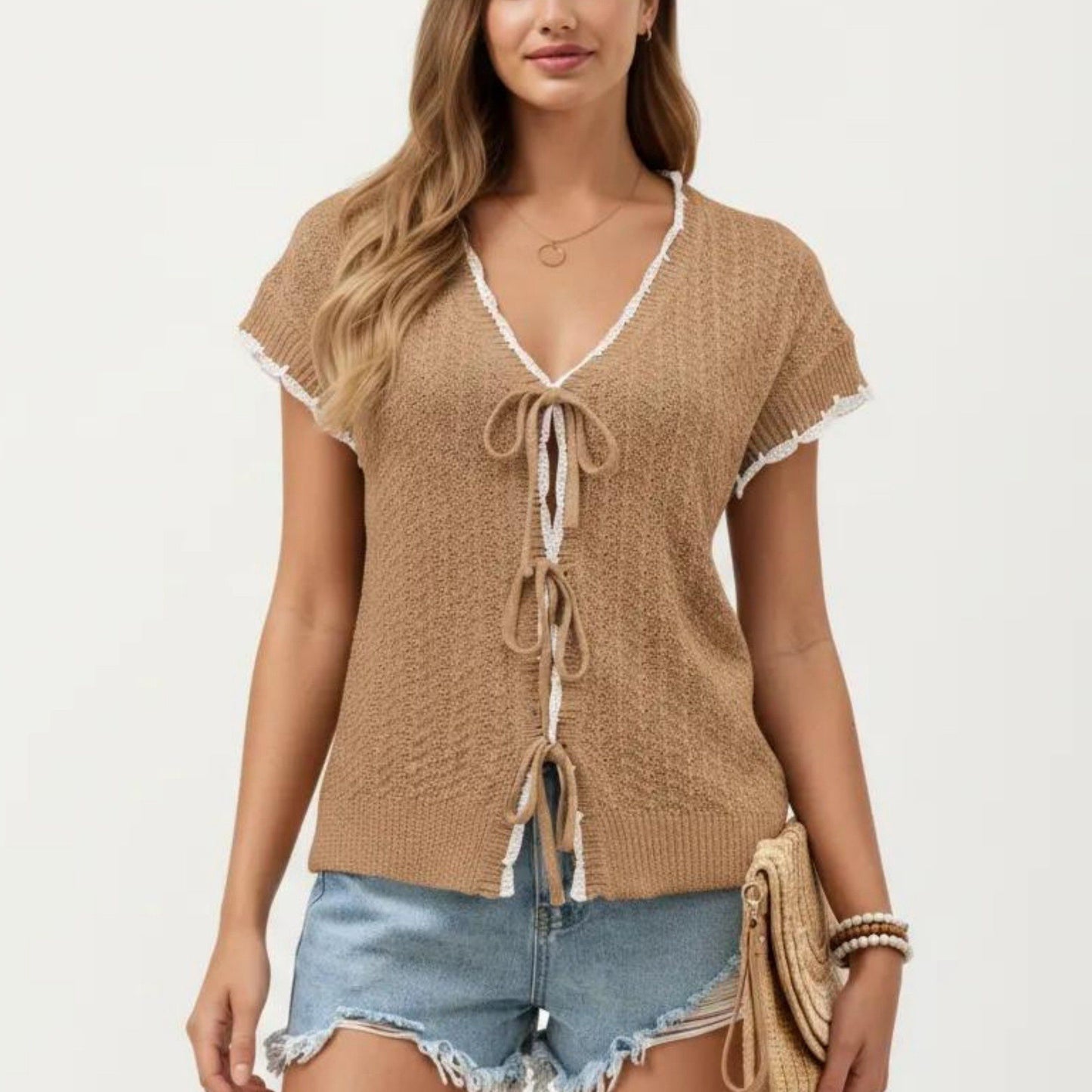 Short Sleeve Knit Cardigan Top with V-Neck Tie Front and Contrast Trim