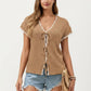 Short Sleeve Knit Cardigan Top with V-Neck Tie Front and Contrast Trim