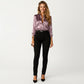 Satin Button Down Blouse with Collared Neckline and Three Quarter Sleeves