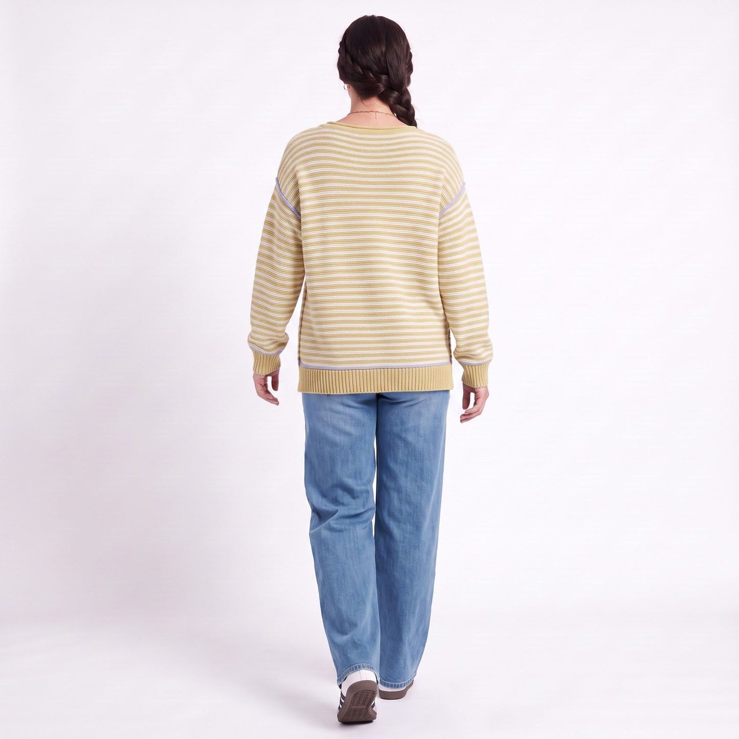 Striped Contrast Trim Drop Shoulder Long Sleeve Knit Sweater