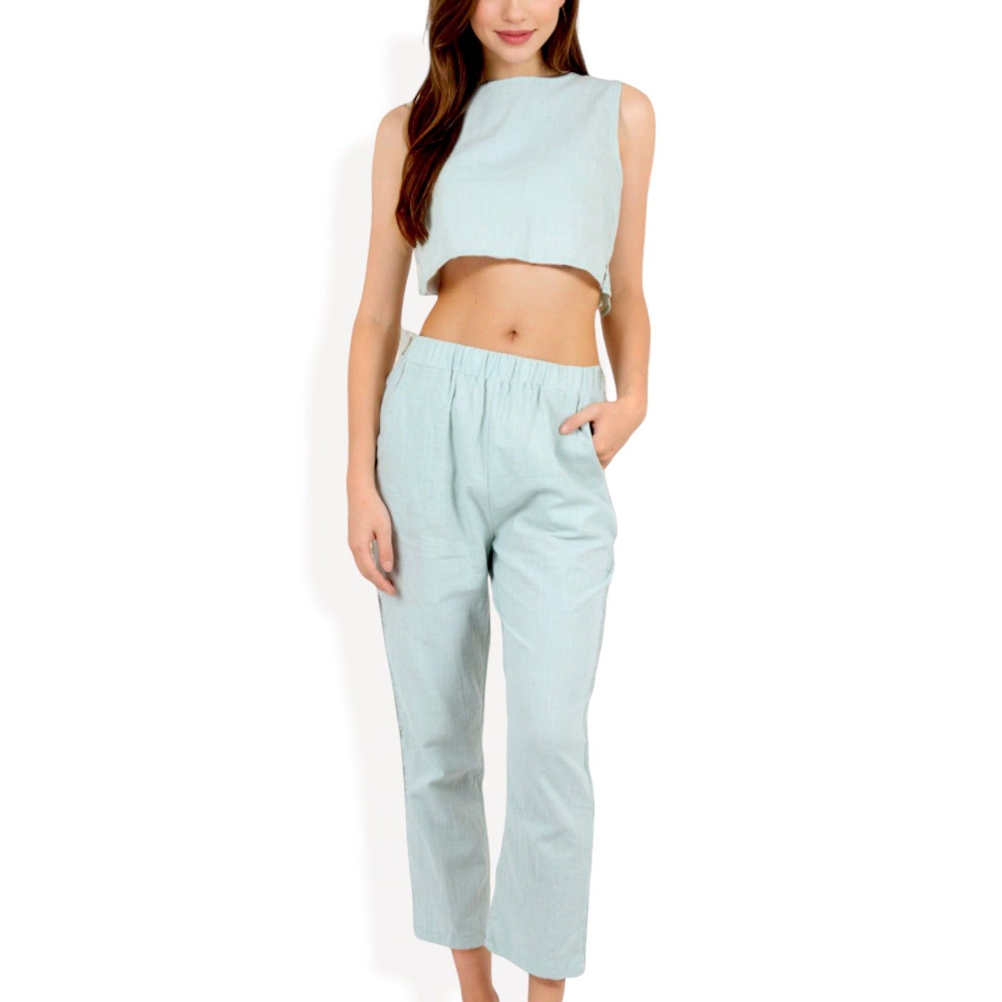 Two-Piece Sleeveless Crop Top Set with Tapered Pants